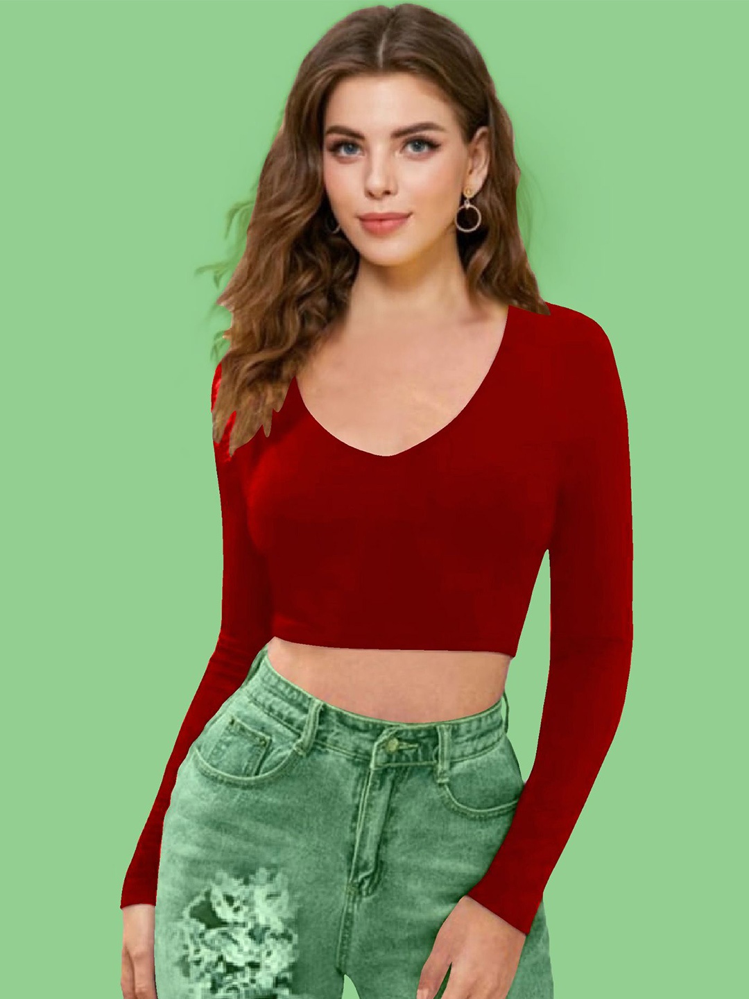 

Dream Beauty Fashion Women V-Neck Long Sleeves Fitted Crop Top, Red