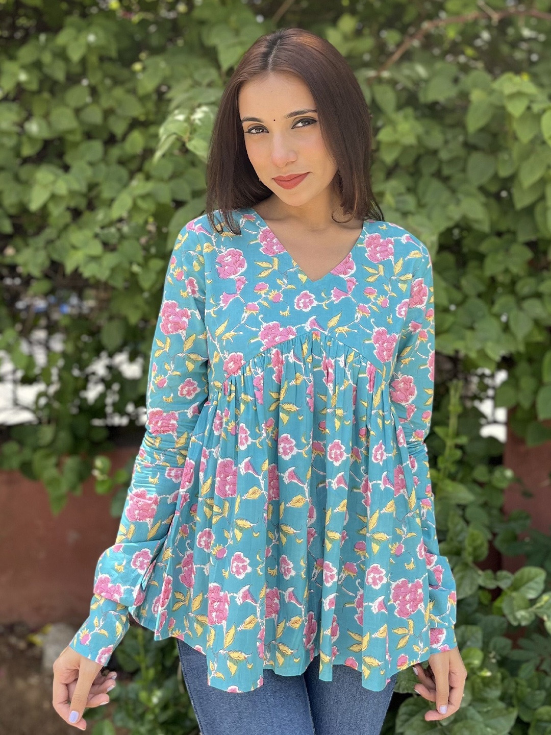 

JONAYA Women Floral Printed Cotton Peplum Top, Blue