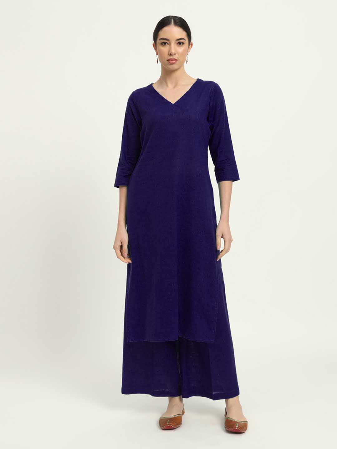 

Thevasa Verve and Versality V-Neck Straight Pure Cotton Tunic And Palazzo, Navy blue