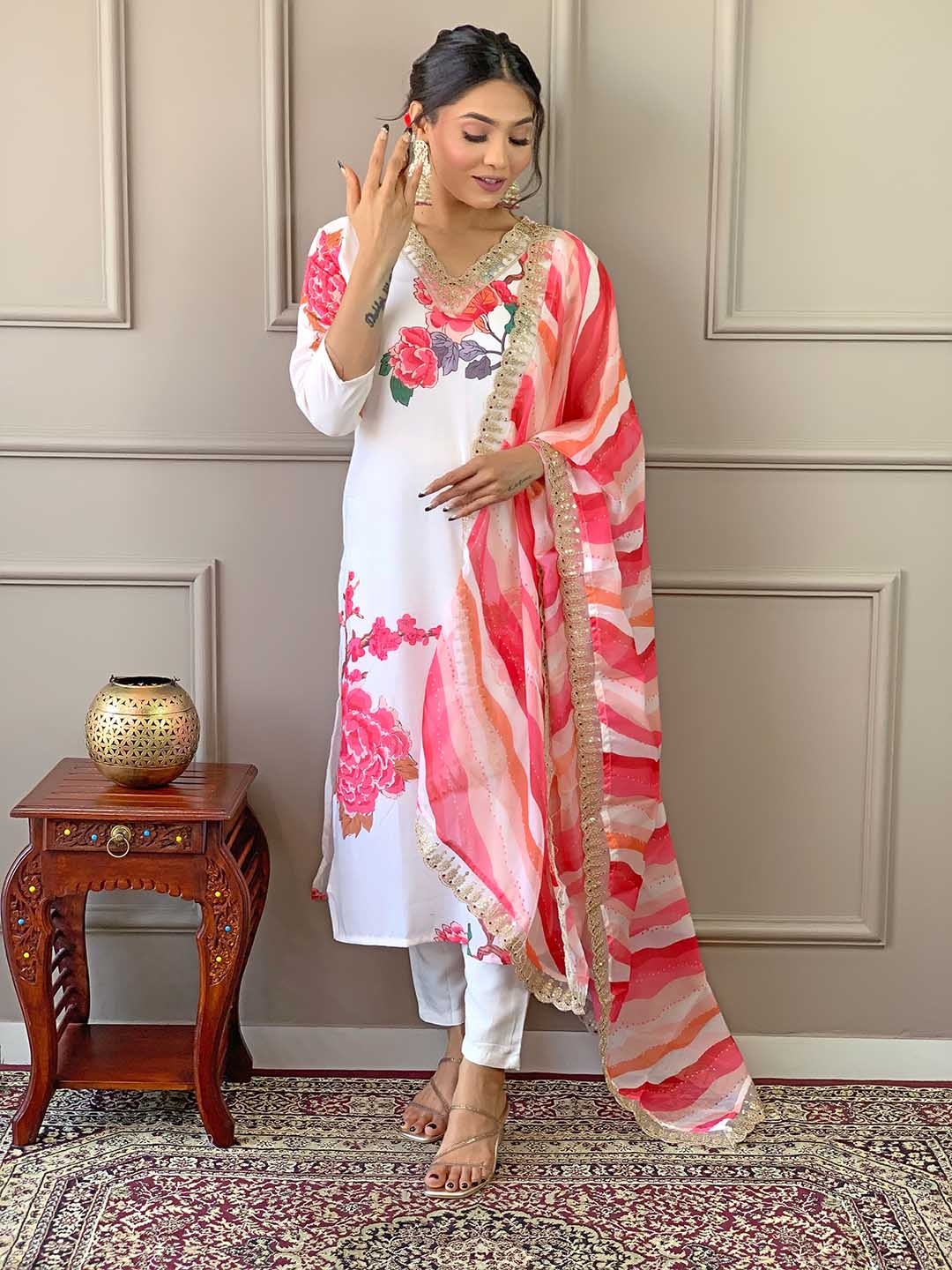 

SHOPONBIT Floral Printed V-Neck Sequinned Straight Kurta With Trousers & Dupatta, Off white