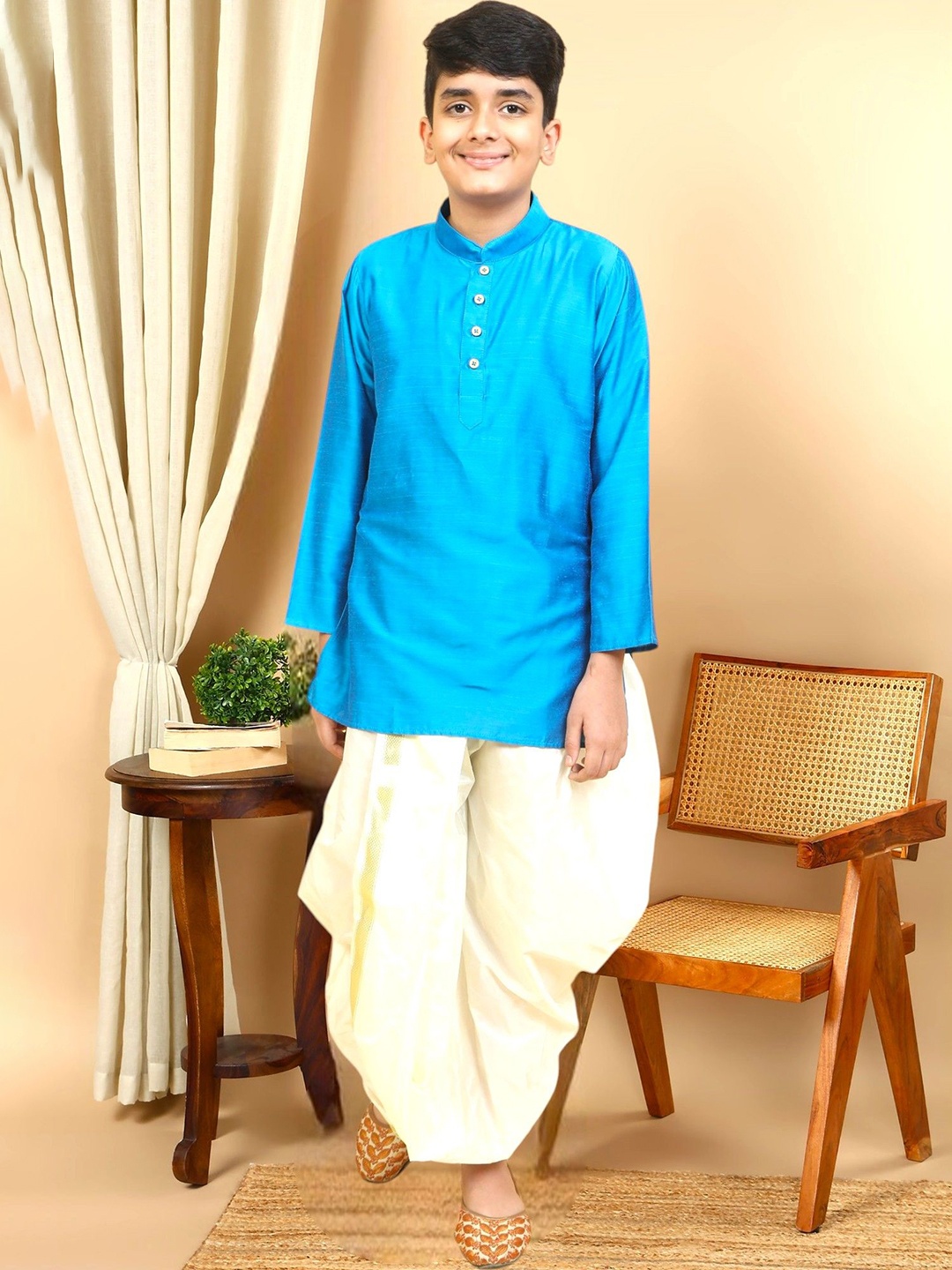 

TATTVA Boys Mandarin Collar Pure Cotton Straight Kurta with Dhoti Pants & Dupatta, Blue
