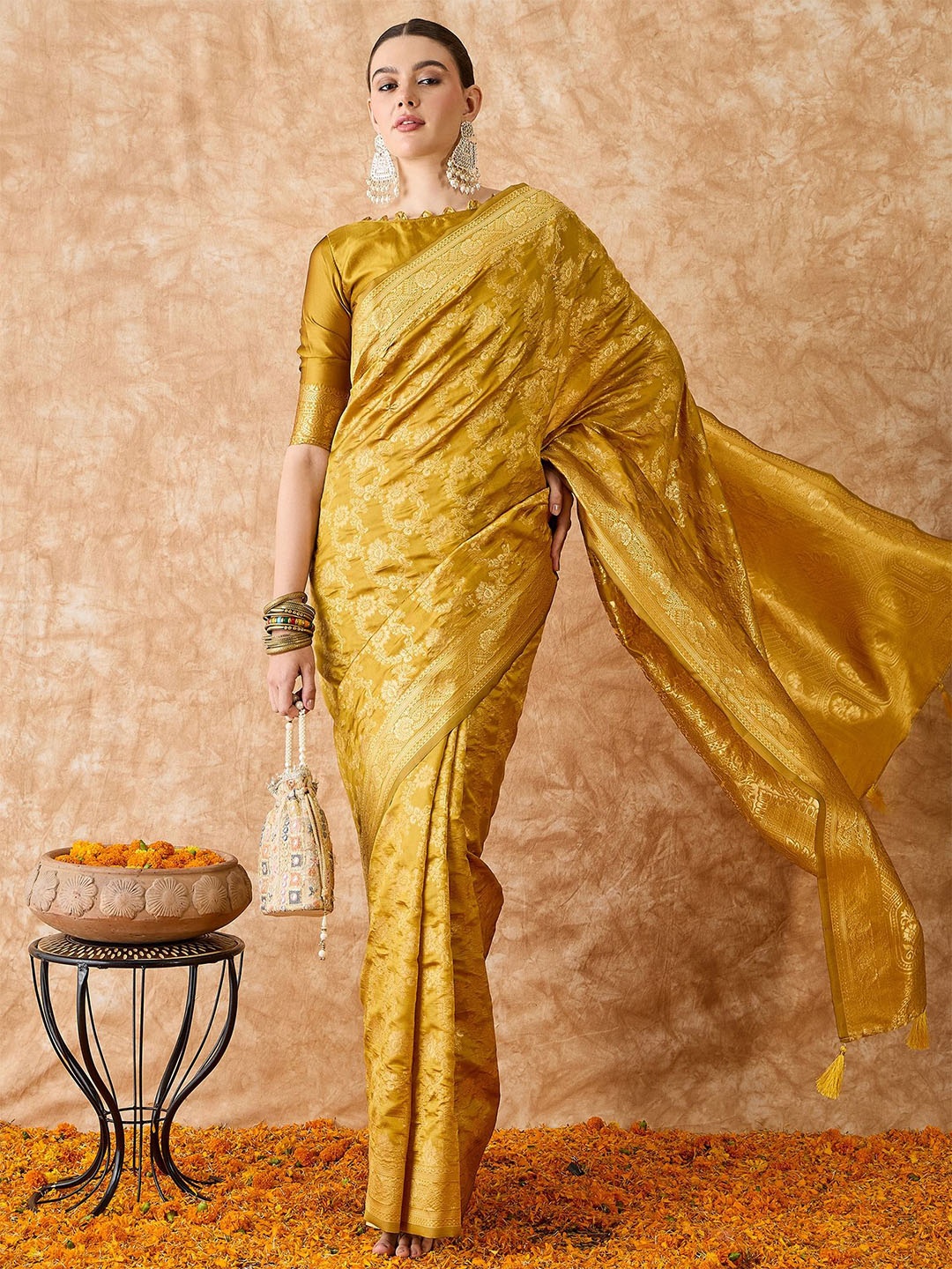 

MANVAA Embellished Zari Silk Blend Fusion Banarasi Saree, Mustard