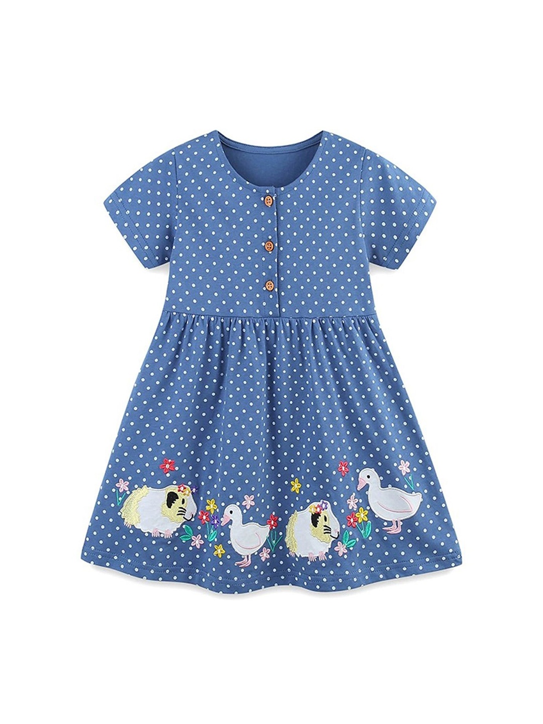 

LULU & SKY Girls Cotton Polka Dot Printed Applique Fit & Flare Dress, Blue