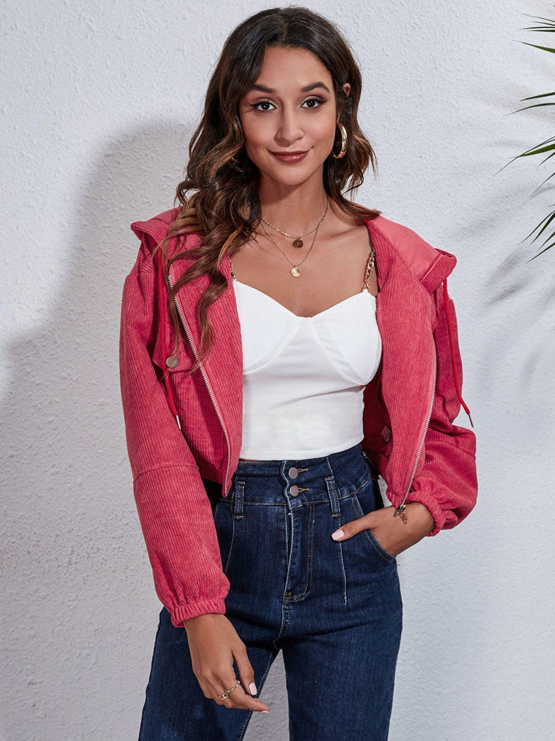 

Oh Rare Women Washed Colourblocked Crop Biker Jacket, Red