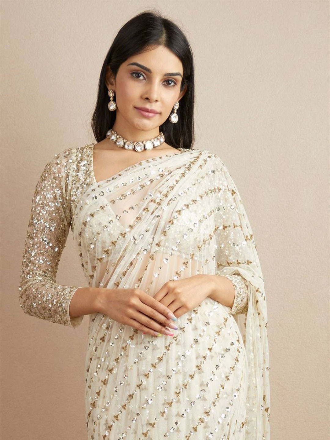 

PAYAL CREATION Striped Sequinned Pure Georgette Saree, White
