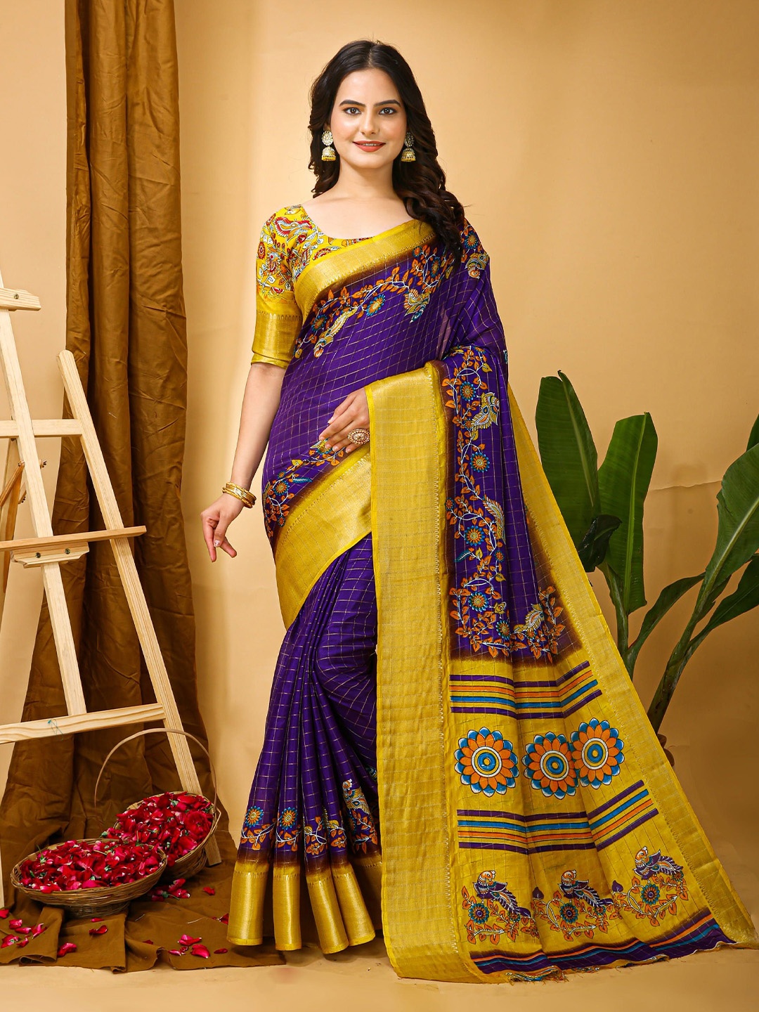 

KAYOMMI Kalamkari Printed Zari Kanjeevaram Saree, Blue