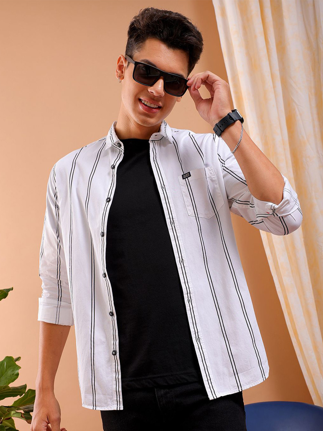 

The Indian Garage Co Slim Fit Vertical Striped Cotton Casual Shirt, White