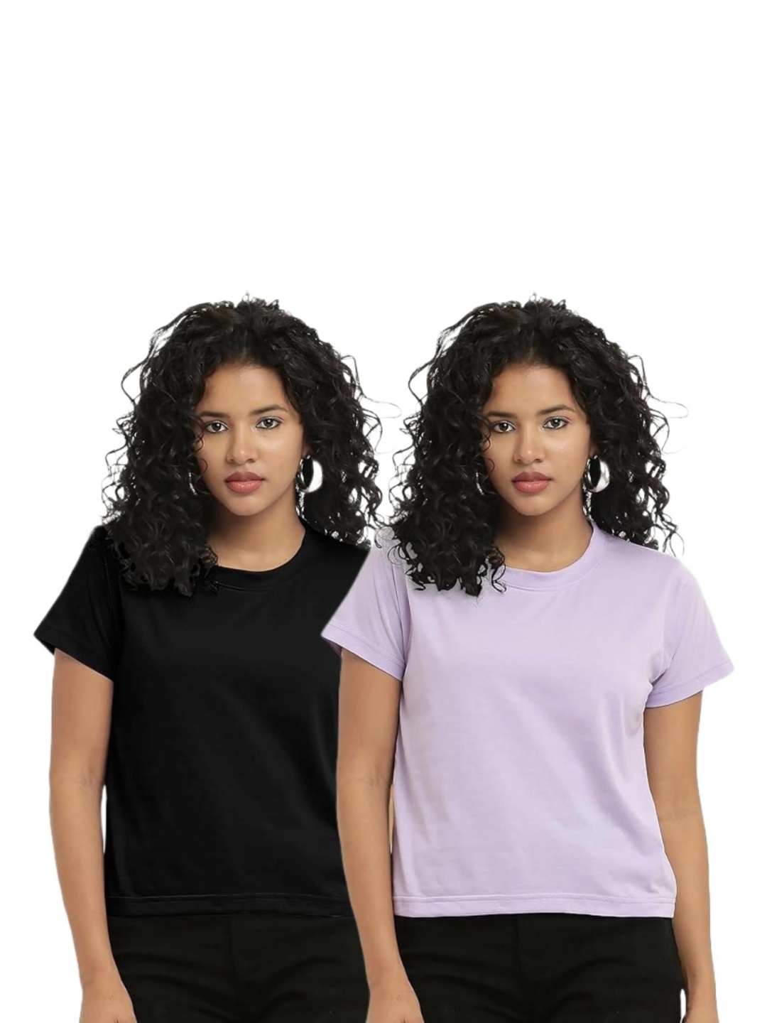 

NOTWILD Women Pack Of 2 Solid Round Neck Cotton Relaxed Fit T-shirts, Black