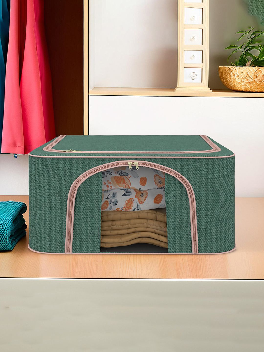 

Kuber Industries Green & Pink Set of 1 Reusable Drawer Organiser With Handles