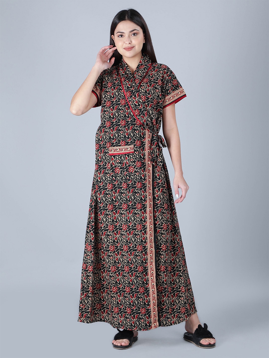 

Galad Women Printed Pure Cotton Maxi Nightdress, Black