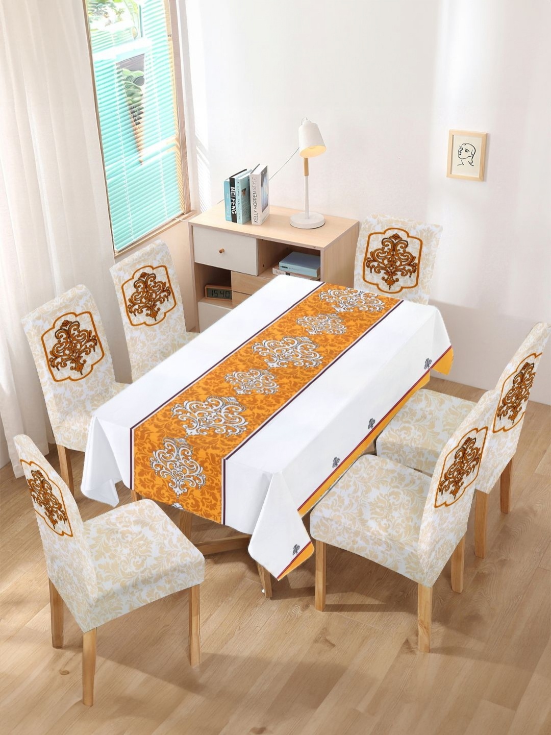

Aura 7-Pcs Beige & Orange Printed Table Cover & Dining ChairCoverSet