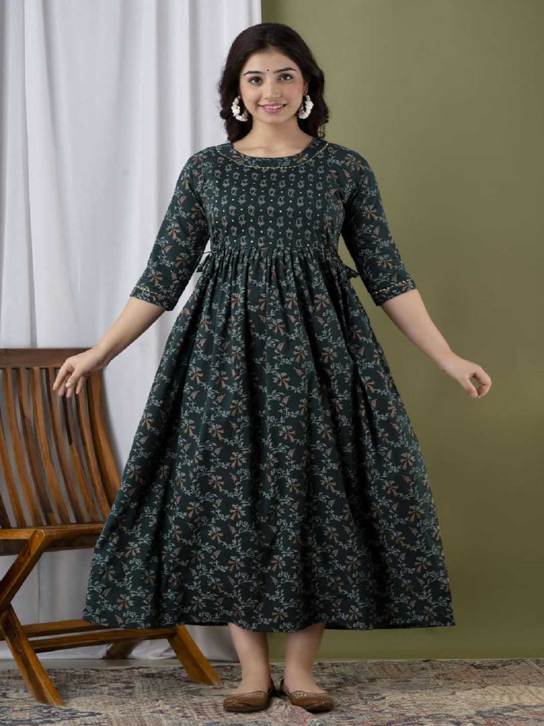 

Nevisha Style Women Floral Printed Thread Work Floral Maternity Anarkali Kurta, Green