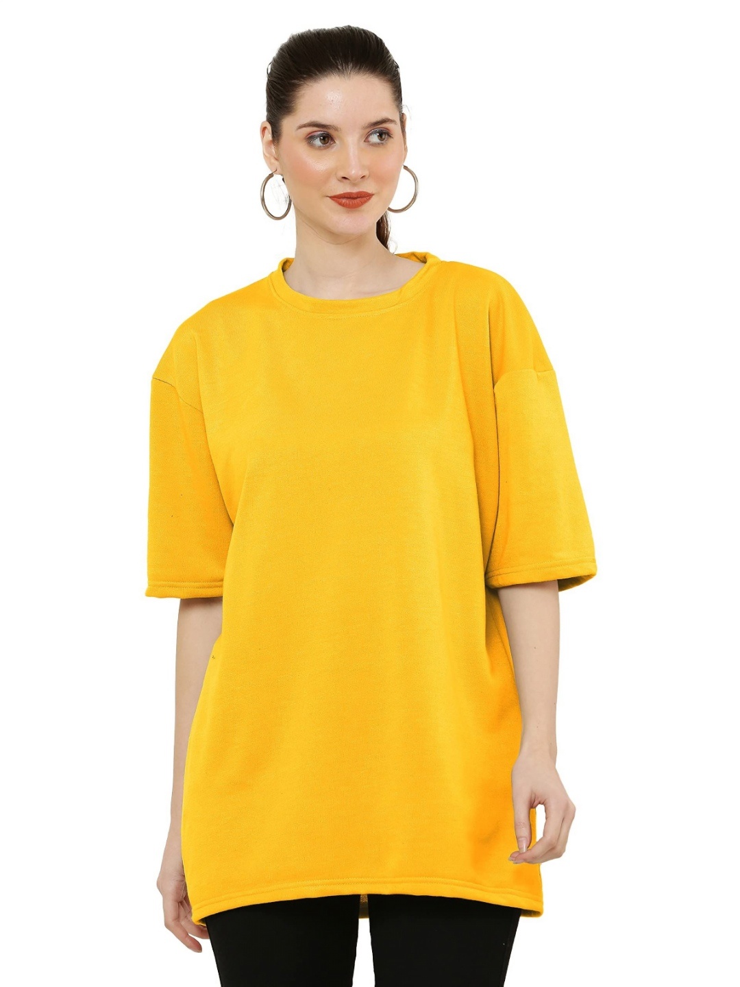 

NOTWILD Women Solid Round Neck Cotton Oversized T-shirt, Yellow