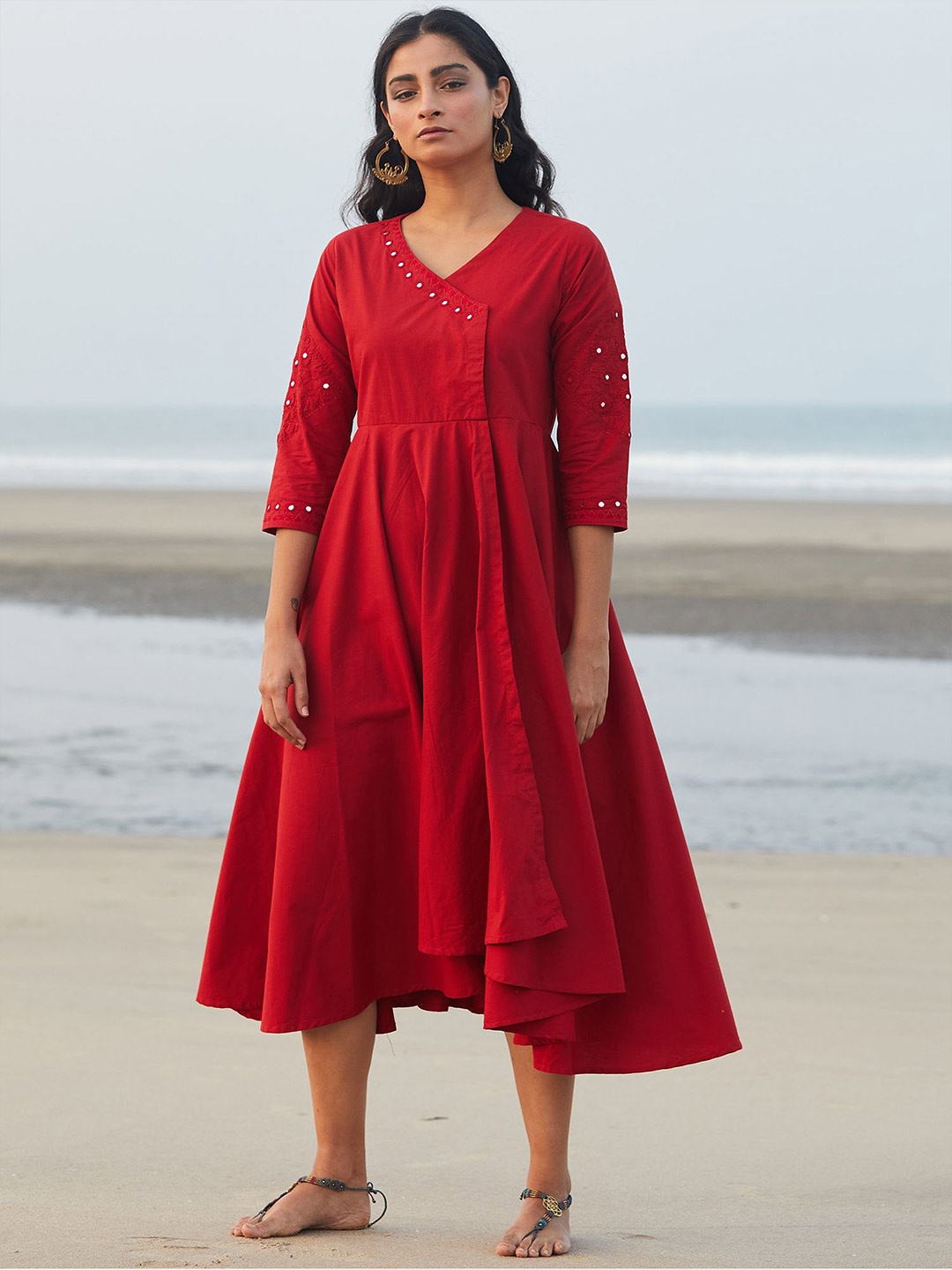 

OKHAI Women 'Red Rose' Hand Embroidered Mirror Work Pure Cotton Dress