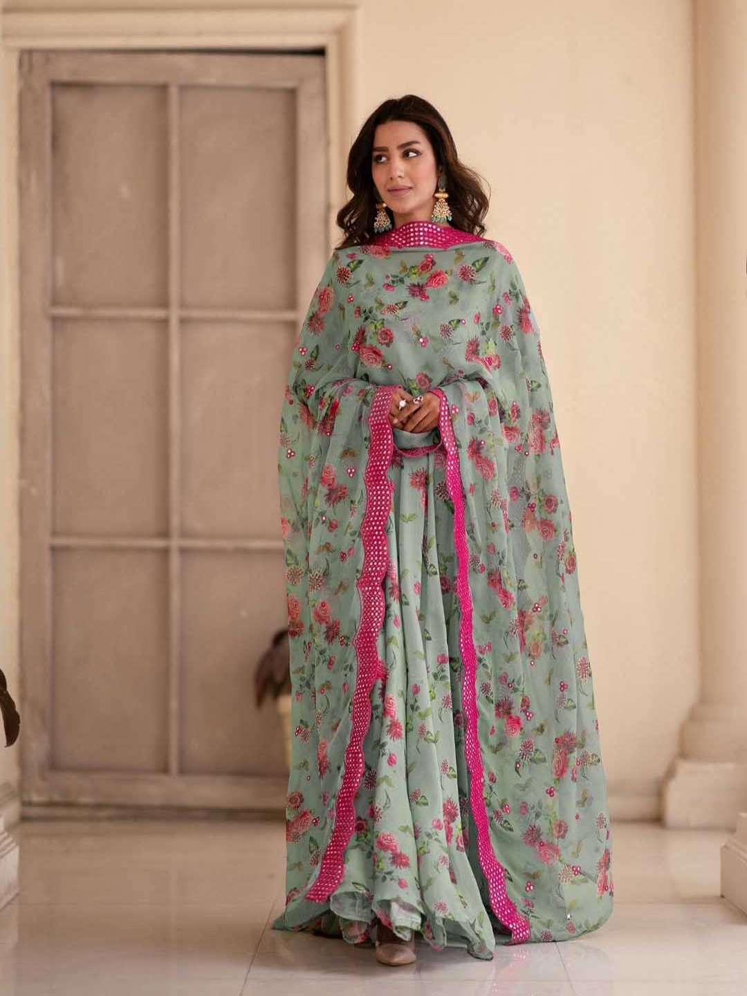 

ZEEPKART Women Floral Regular Silk Georgette Kurta with Trousers & With Dupatta, Olive