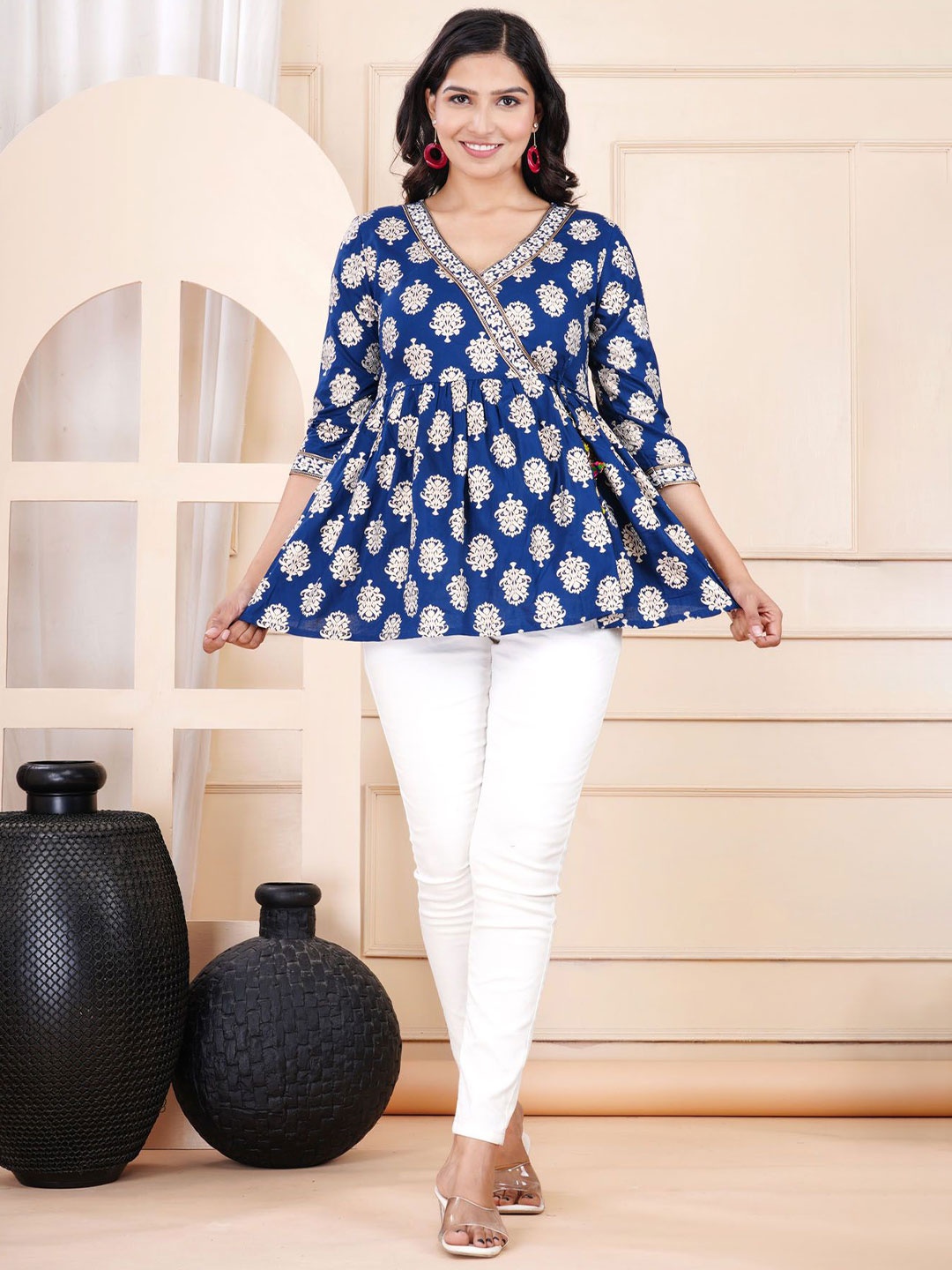 

L.H HANDICRAFTS Floral Print Cotton Peplum Top, Blue