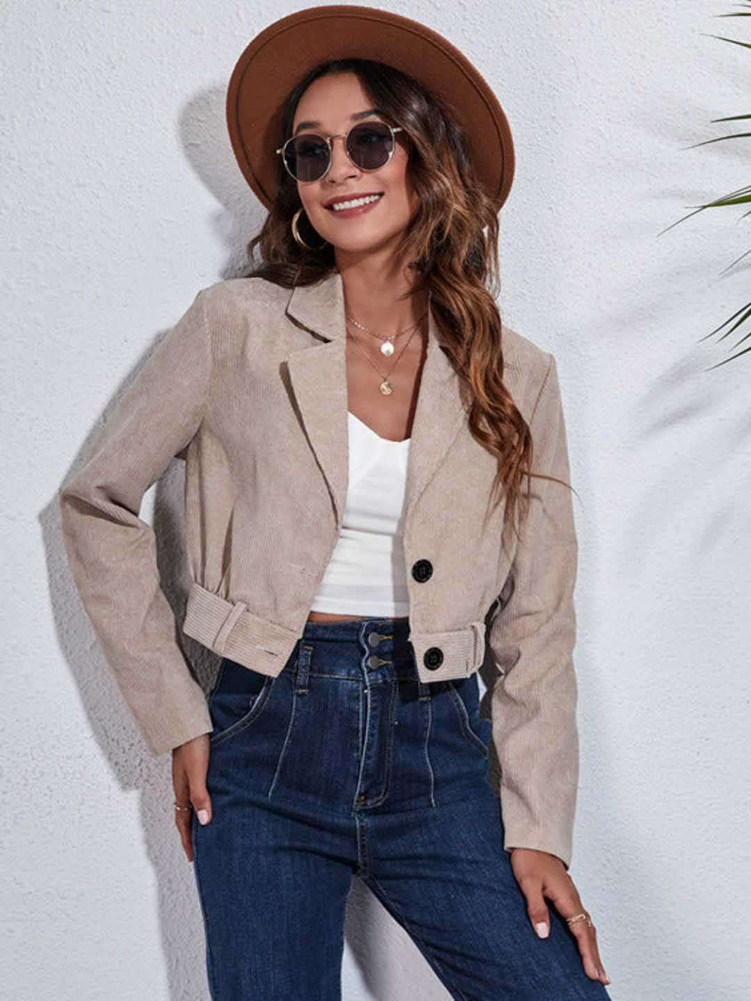 

Oh Rare Women Colourblocked Crop Tailored Jacket, Khaki