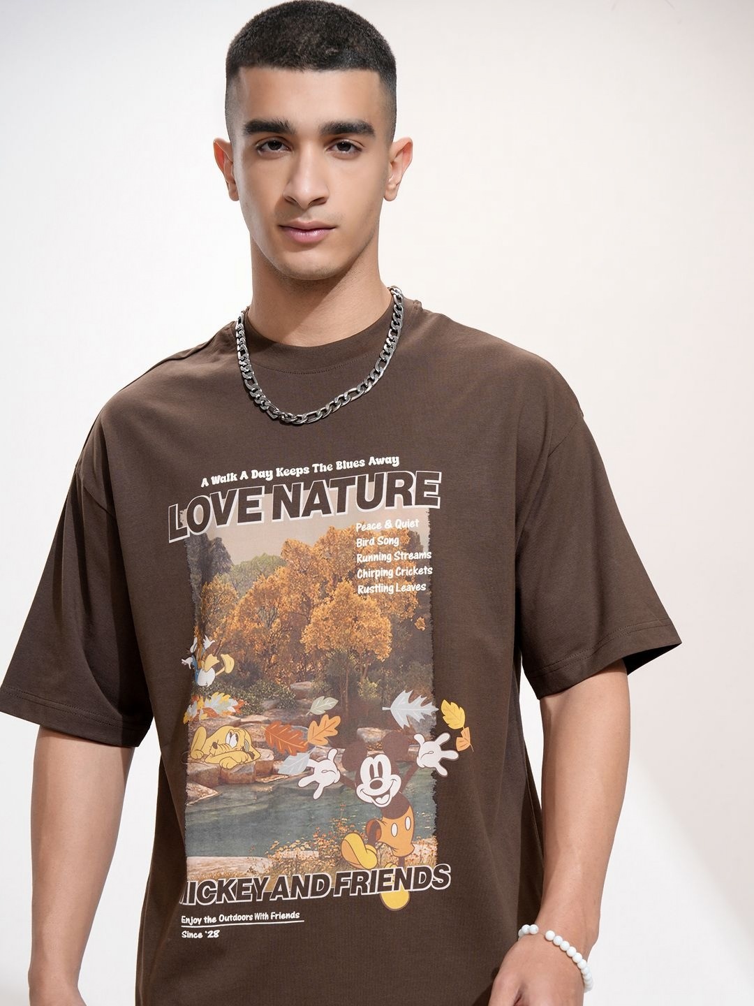 

HIGHLANDER Disney Men Round Neck Half Sleeve Oversized T-shirt, Brown