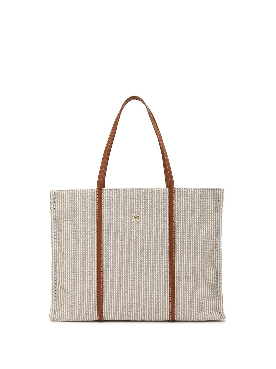 

Tommy Hilfiger Striped Structured Tote Bag with Cut Work, Beige