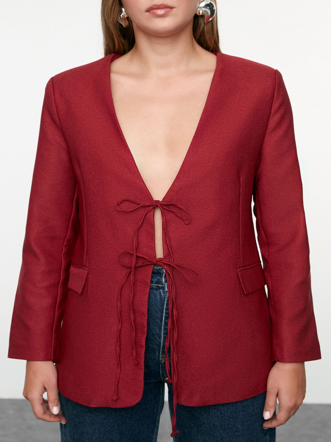 

Trendyol Women Collarless Solid Casual Tailored Jacket, Maroon