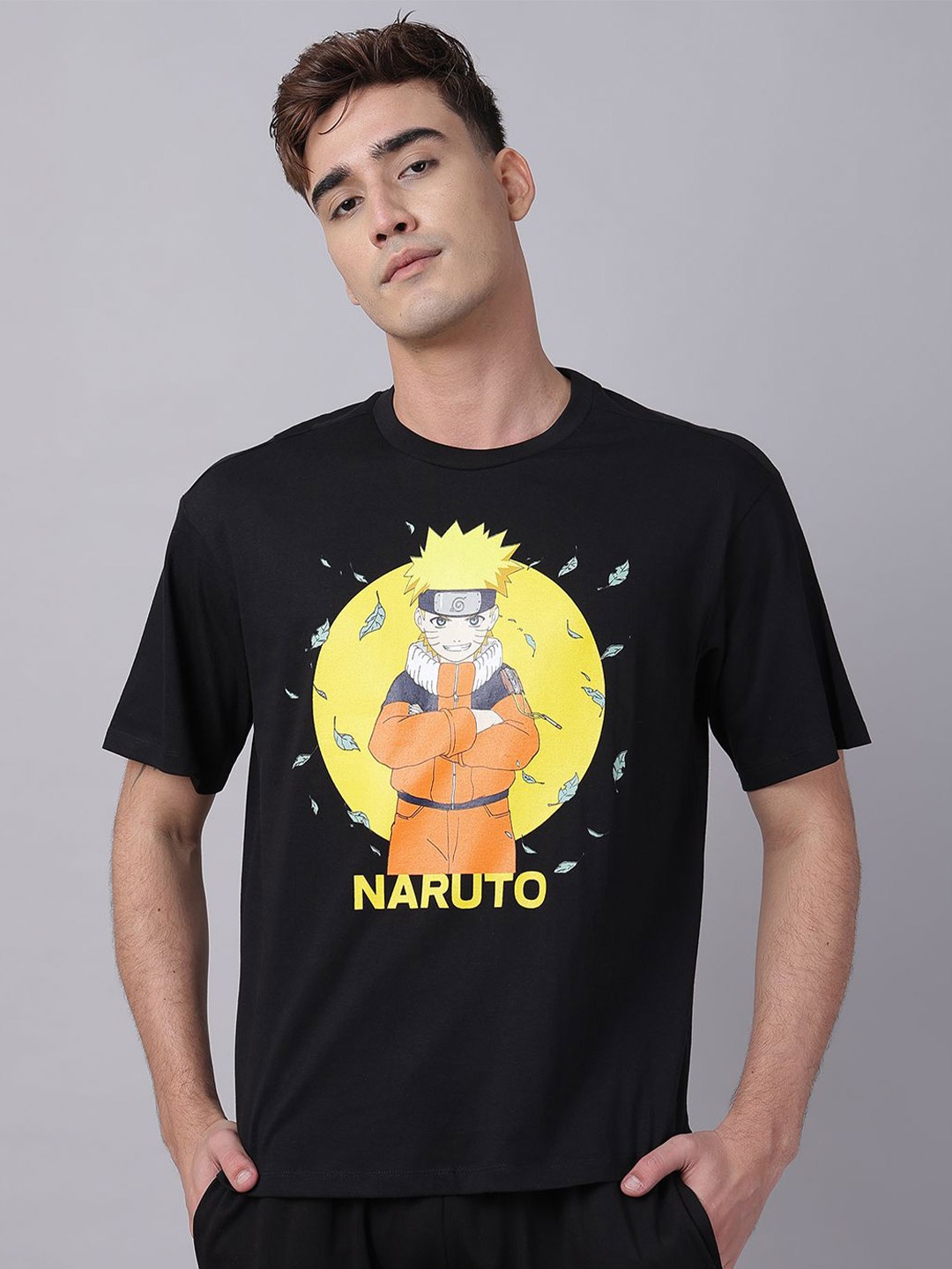 

Free Authority Men Naruto Graphic Printed Round Neck Cotton Oversized T-shirt, Black