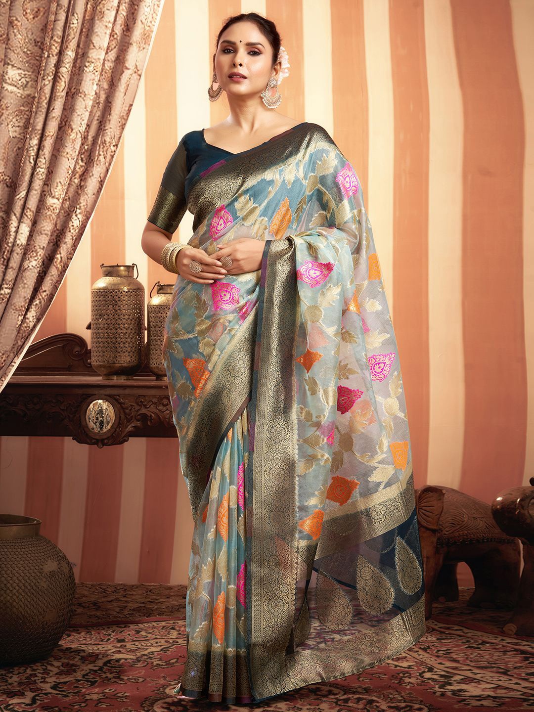 

Satrani Woven Design Zari Organza Saree, Blue