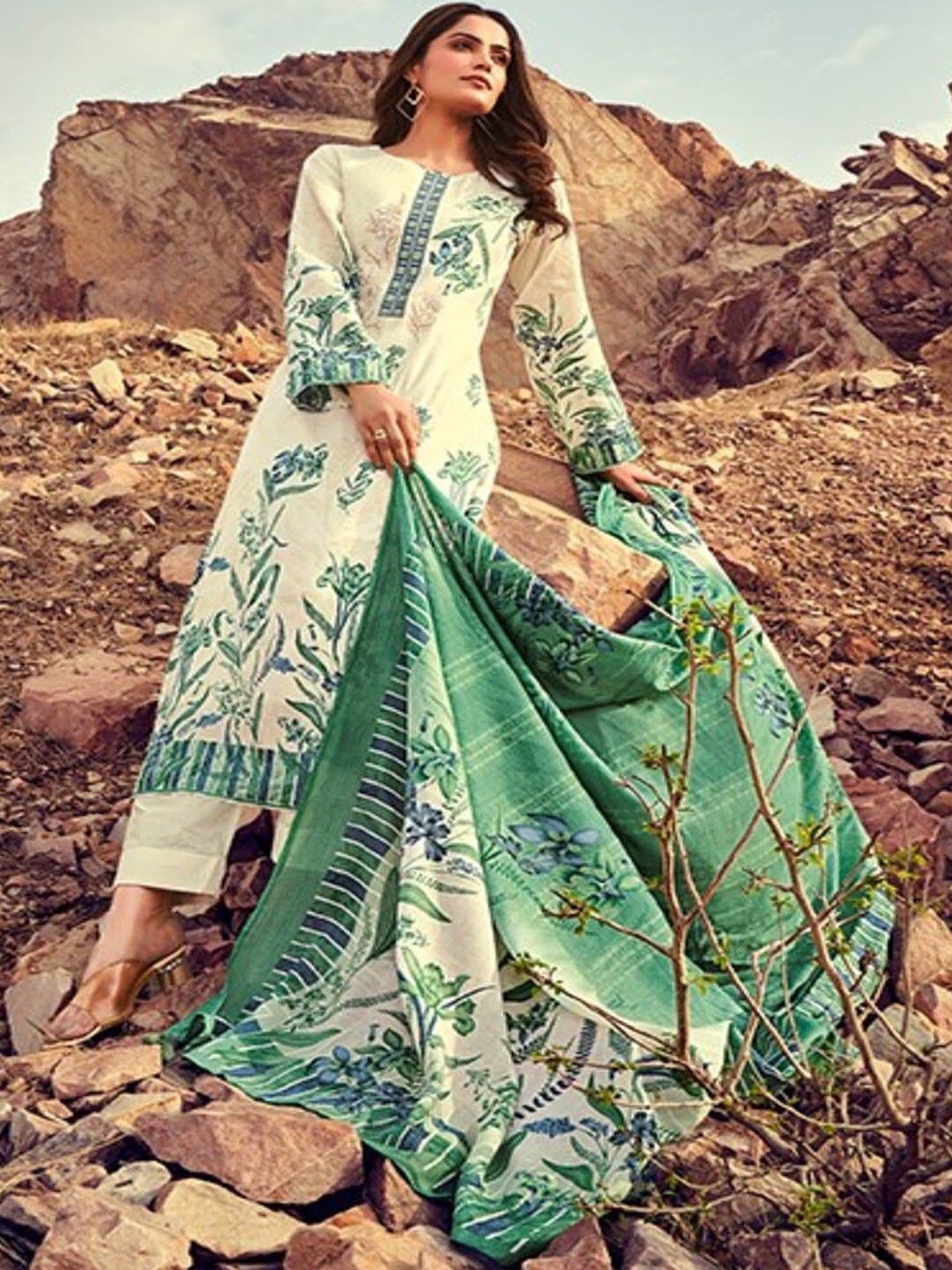 

DRAVINAM Floral Printed Pure Cotton Unstitched Dress Material, Cream