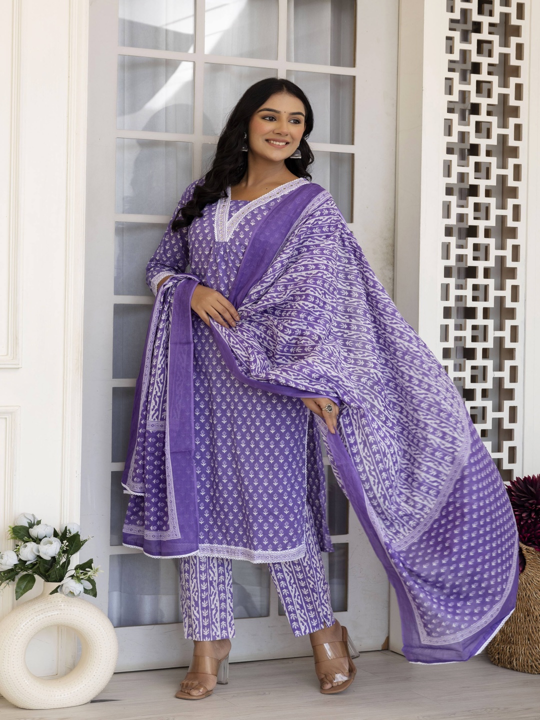 

Anouk Ethnic Motifs Printed Pure Cotton Straight Kurta With Trouser And Dupatta, Purple