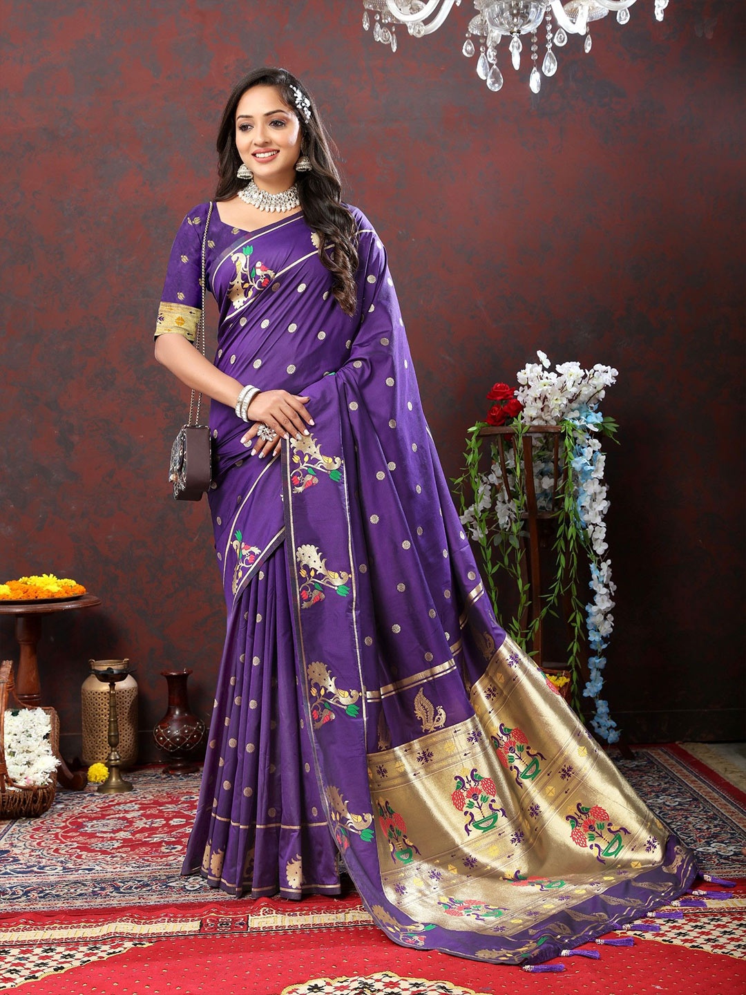 

LeeliPeeri Designer Woven Design Zari Silk Blend Paithani Saree, Violet