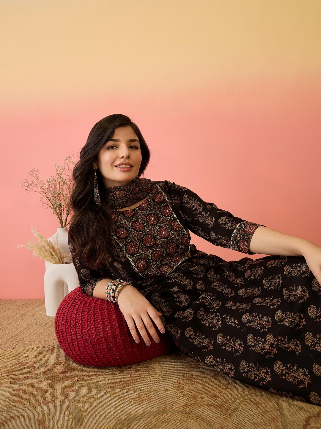 

Sangria Black Floral Printed Gotta Patti Pure Cotton Kurta With Trouser And Dupatta