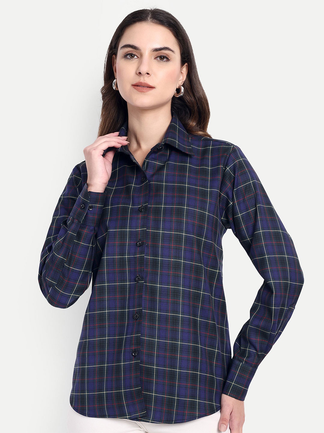 

GAB Women Classic Fit Spread Collar Tartan Checked Cotton Casual Shirt, Navy blue