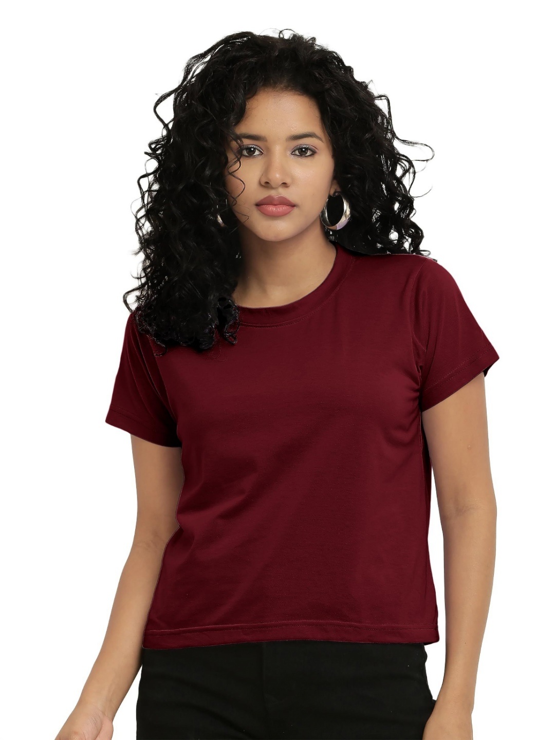 

NOTWILD Women Solid Round Neck Cotton T-shirt, Burgundy