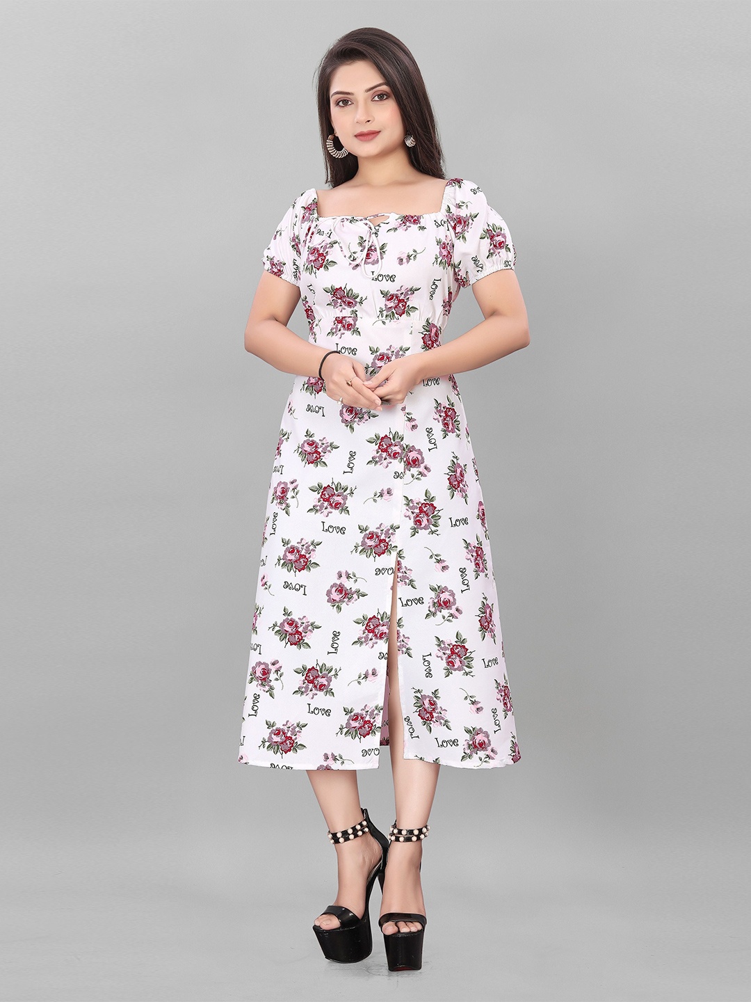 

BAESD Floral Print Puff Sleeve Crepe A-Line Midi Dress, Red