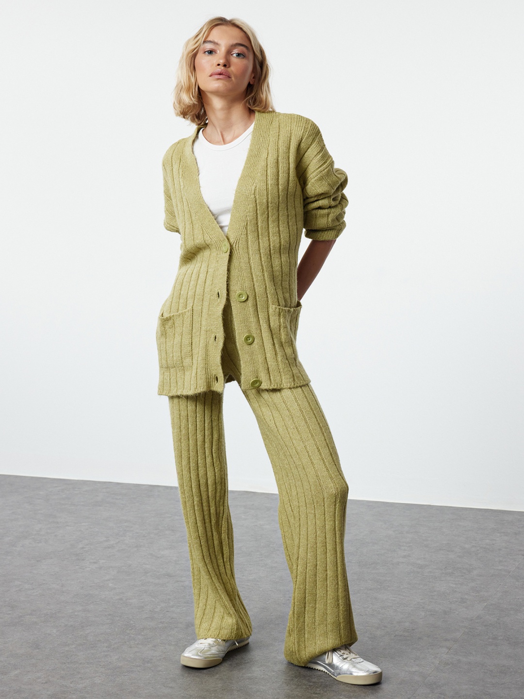 

Trendyol Striped V Neck Sweater With Trouser, Green