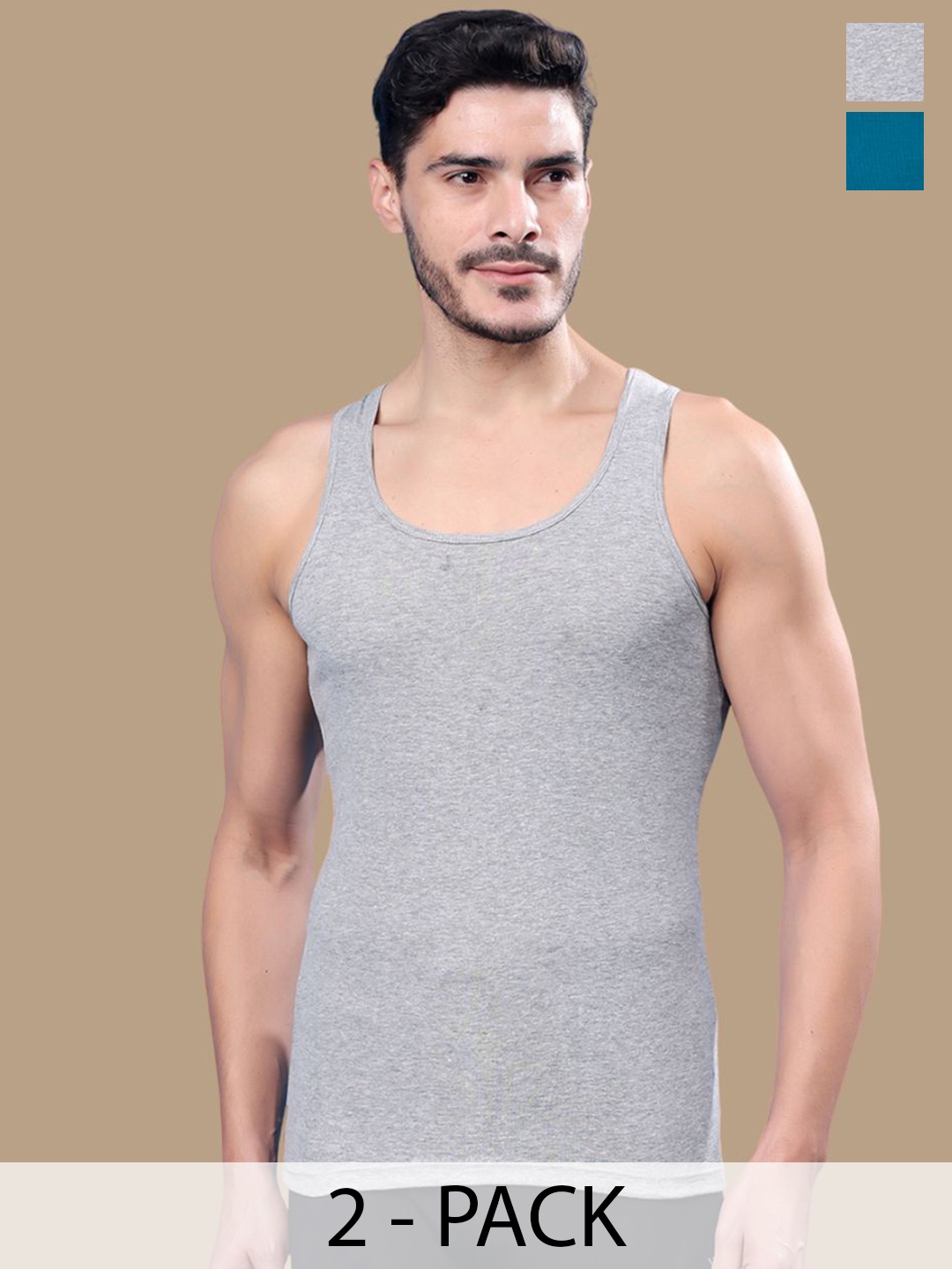 

Friskers Pack of 2 Pure Cotton Round Neck Ribbed Gym Vests 17012025R-04-20, Grey