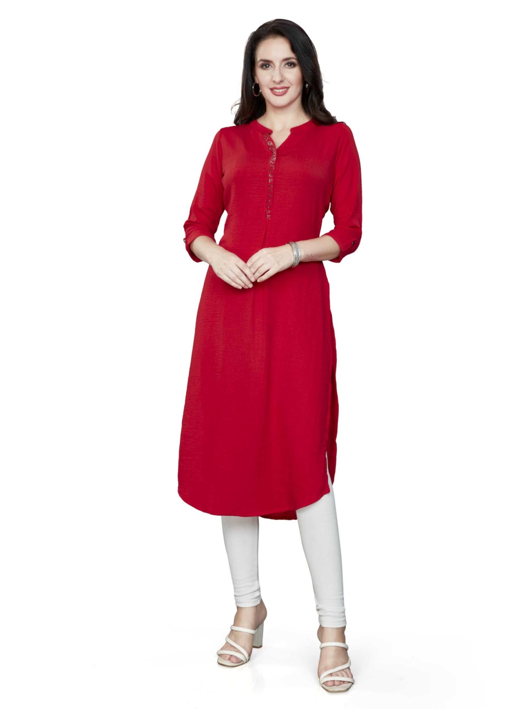 

Nioni Women Sequinned Khadi Kurta, Red