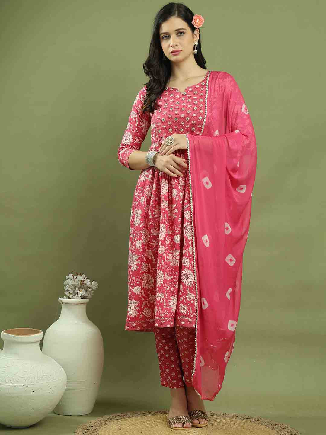 

Rajnandini Floral Printed Pure Cotton A-Line Kurta With Trousers & Dupatta, Pink