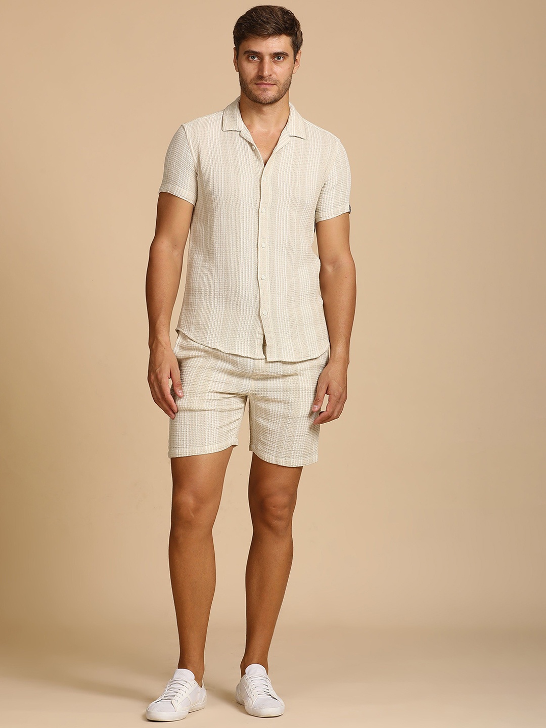 

POE Amber Waffle Dobby Striped Pure Cotton Shirt With Shorts Co-Ords, Beige