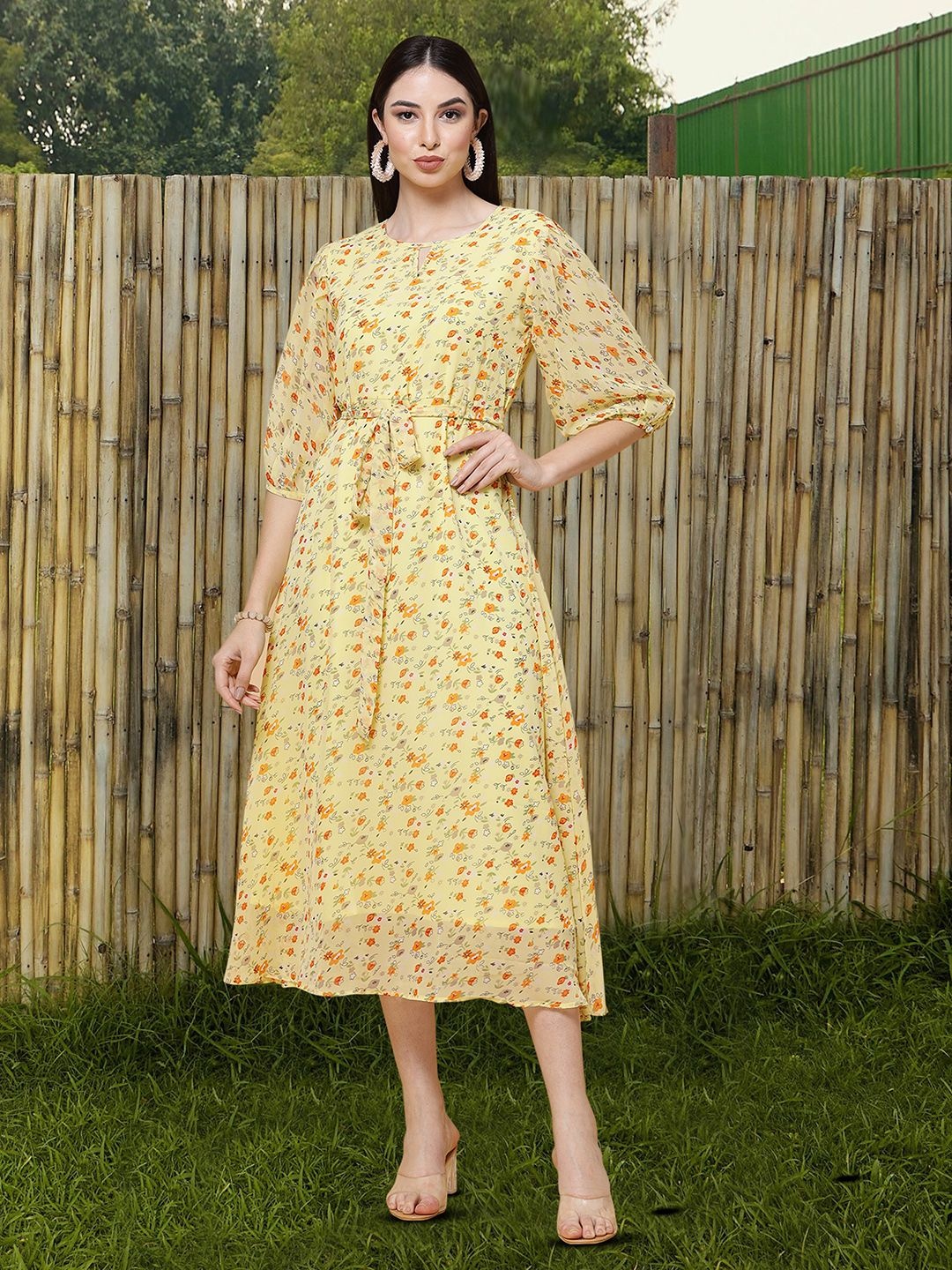 

MISS AYSE Women Floral Applique Fit & Flare Dress, Yellow