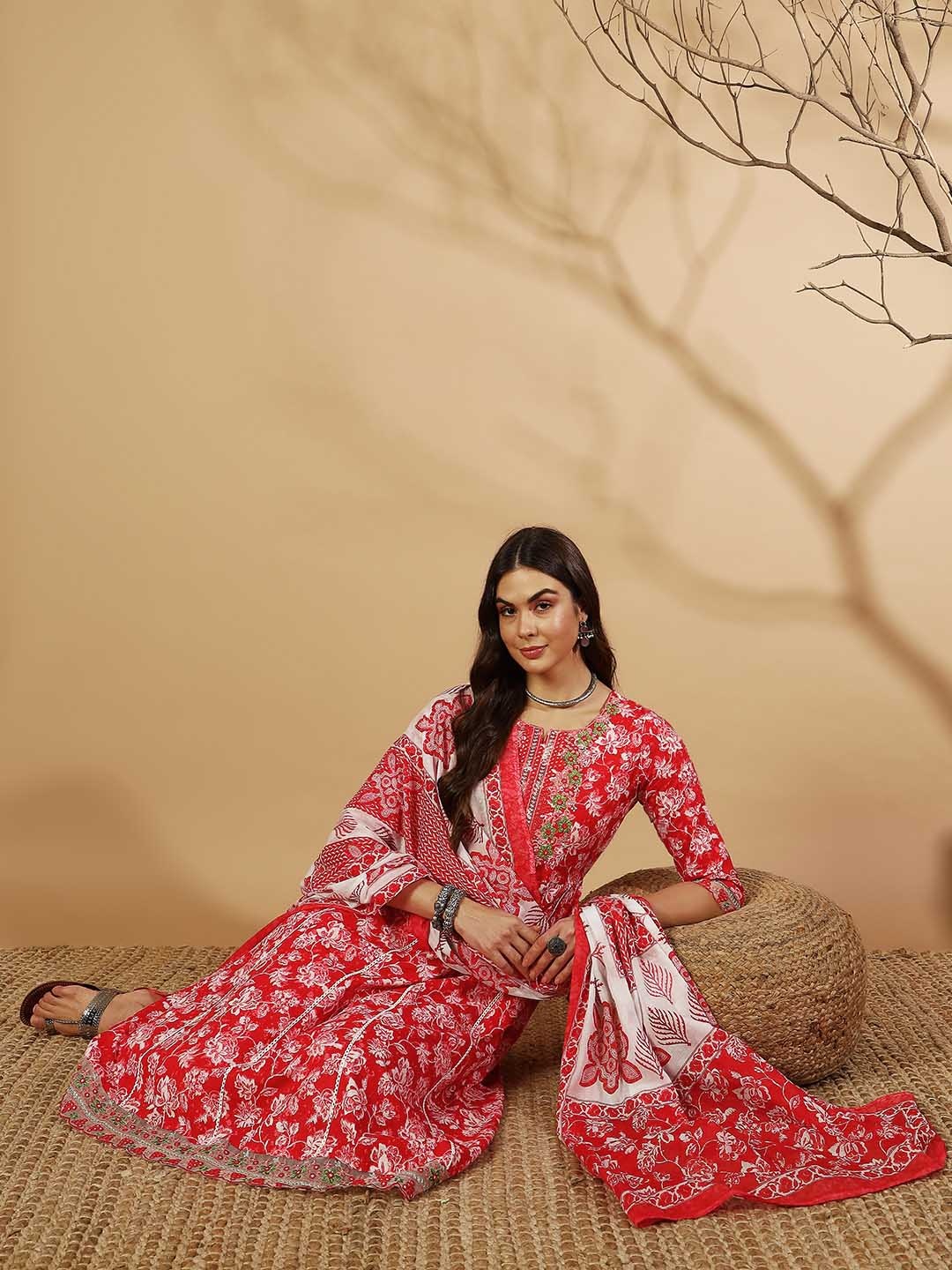 

V.S.Creation Floral Printed Panelled Thread Work Pure Cotton Kurta With Trousers & Dupatta, Red