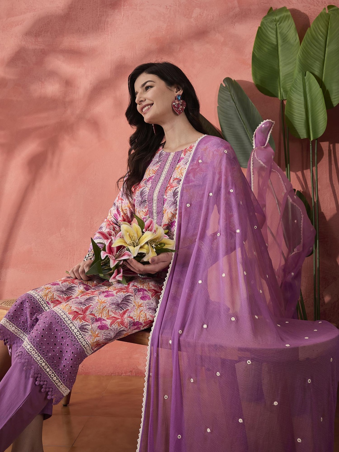 

Sangria Purple Schiffli Floral Printed Pure Cotton Kurta With Trouser And Dupatta