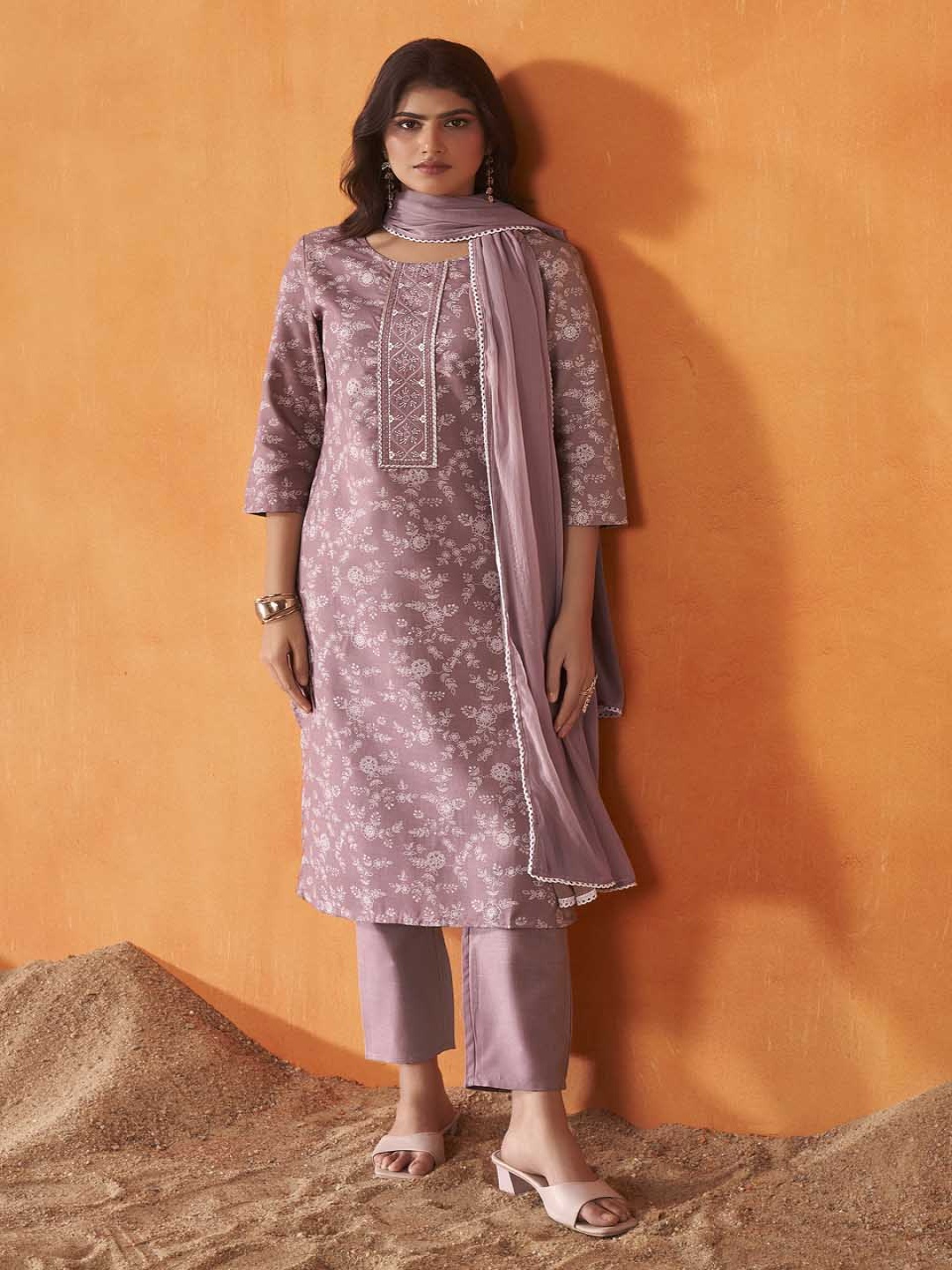 

Anouk Floral Printed Thread Work Straight Kurta with Trousers And Dupatta, Peach