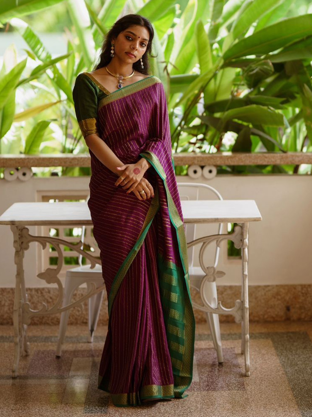 

Caracola Striped Woven Design Banarasi Saree, Purple