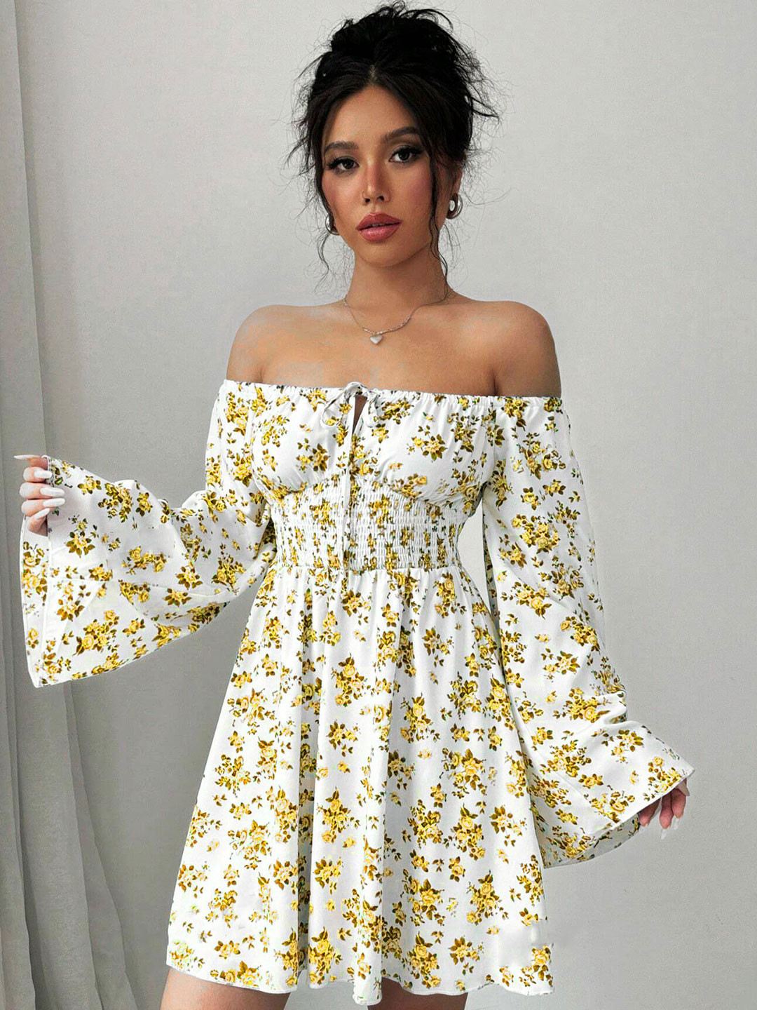 

House of Chiffon Women Floral Printed Fit & Flare Dress, Yellow