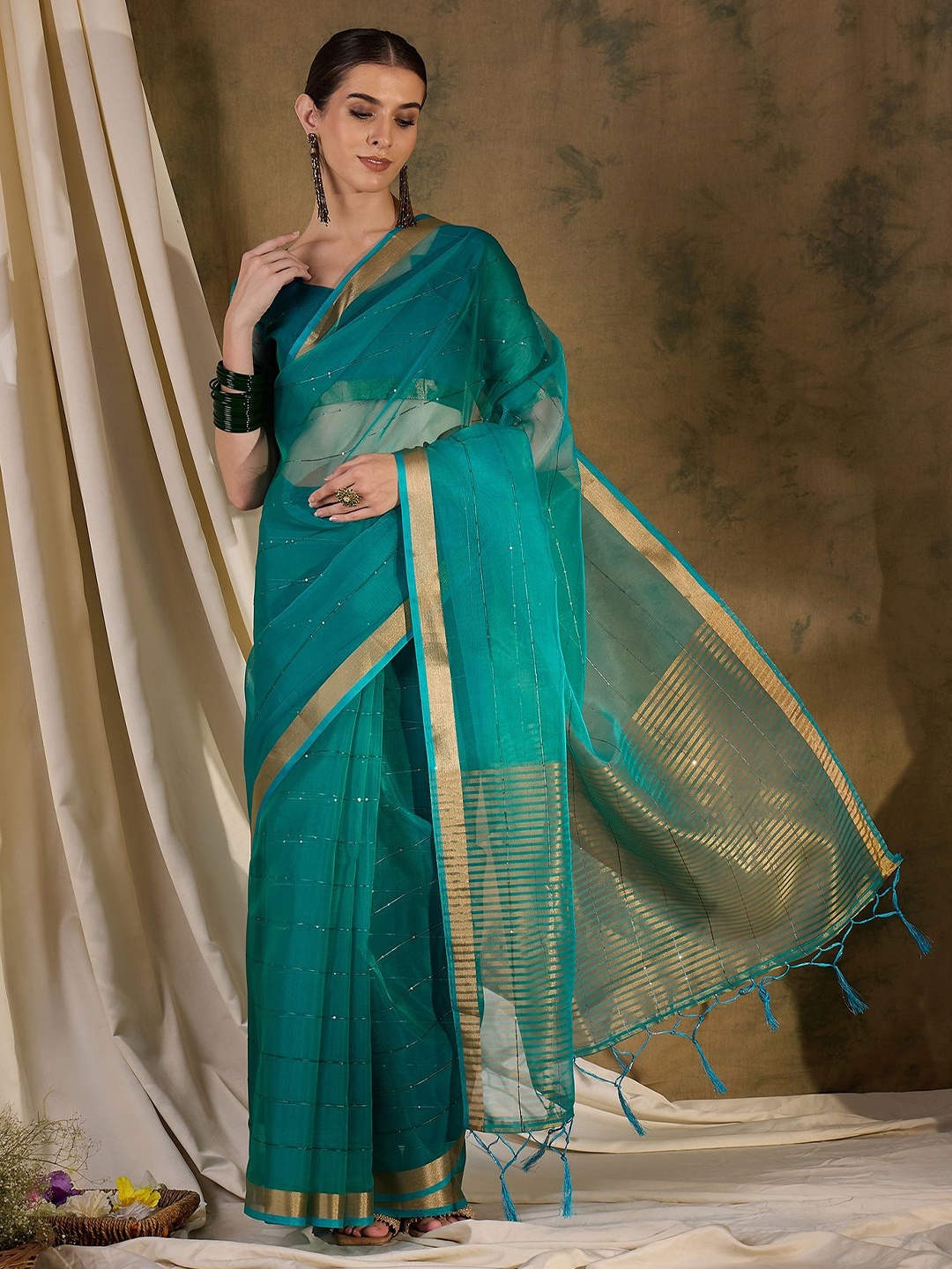 

Mitera Striped Sequinned Organza Saree, Teal