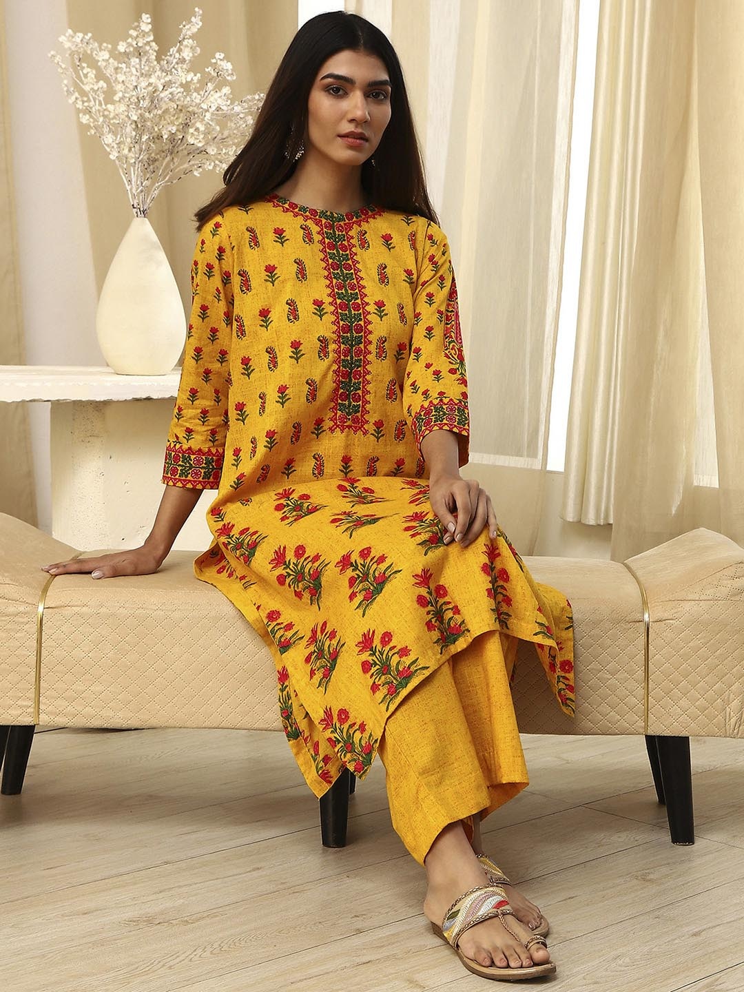 

Biba Women Floral Printed Regular Pure Cotton Kurta with Palazzos, Yellow