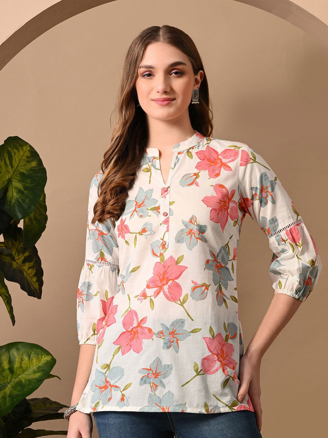 

Dipani Floral Print Mandarin Collar Cotton Top, White