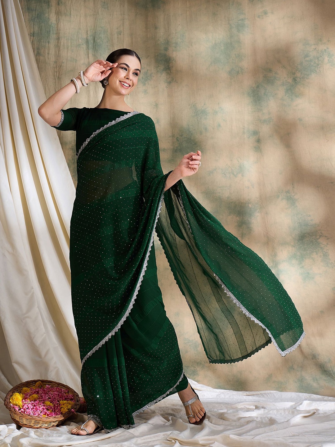 

MANVAA Embellished Beads and Stones Silk Blend Banarasi Saree, Green