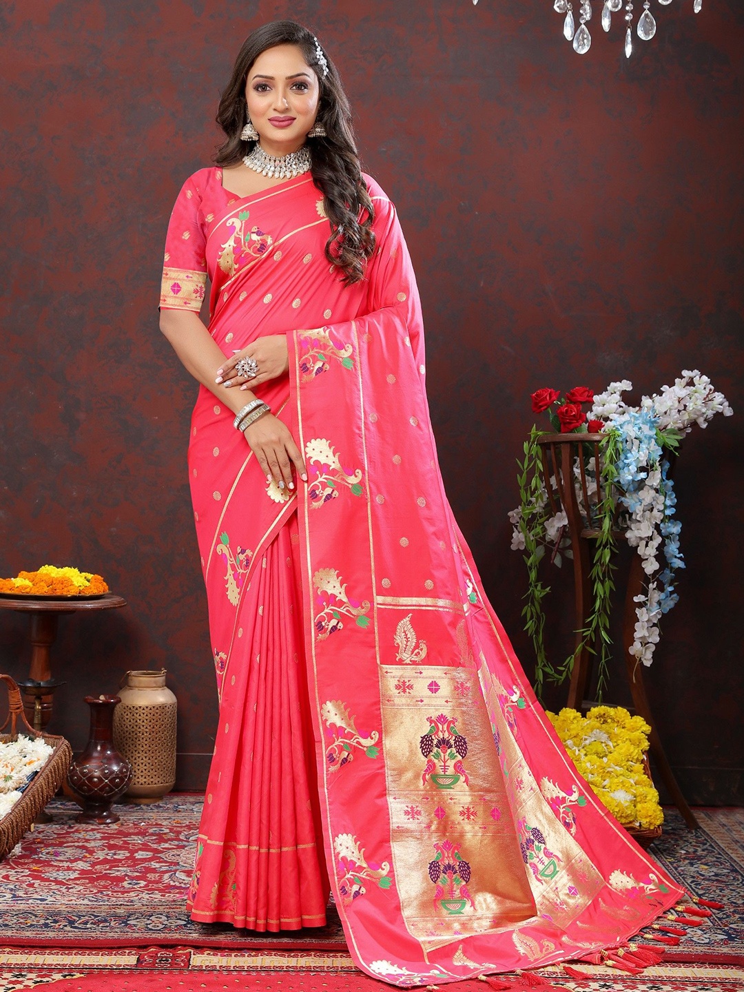 

LeeliPeeri Designer Ethnic Motifs Zari Silk Blend Paithani Saree, Peach