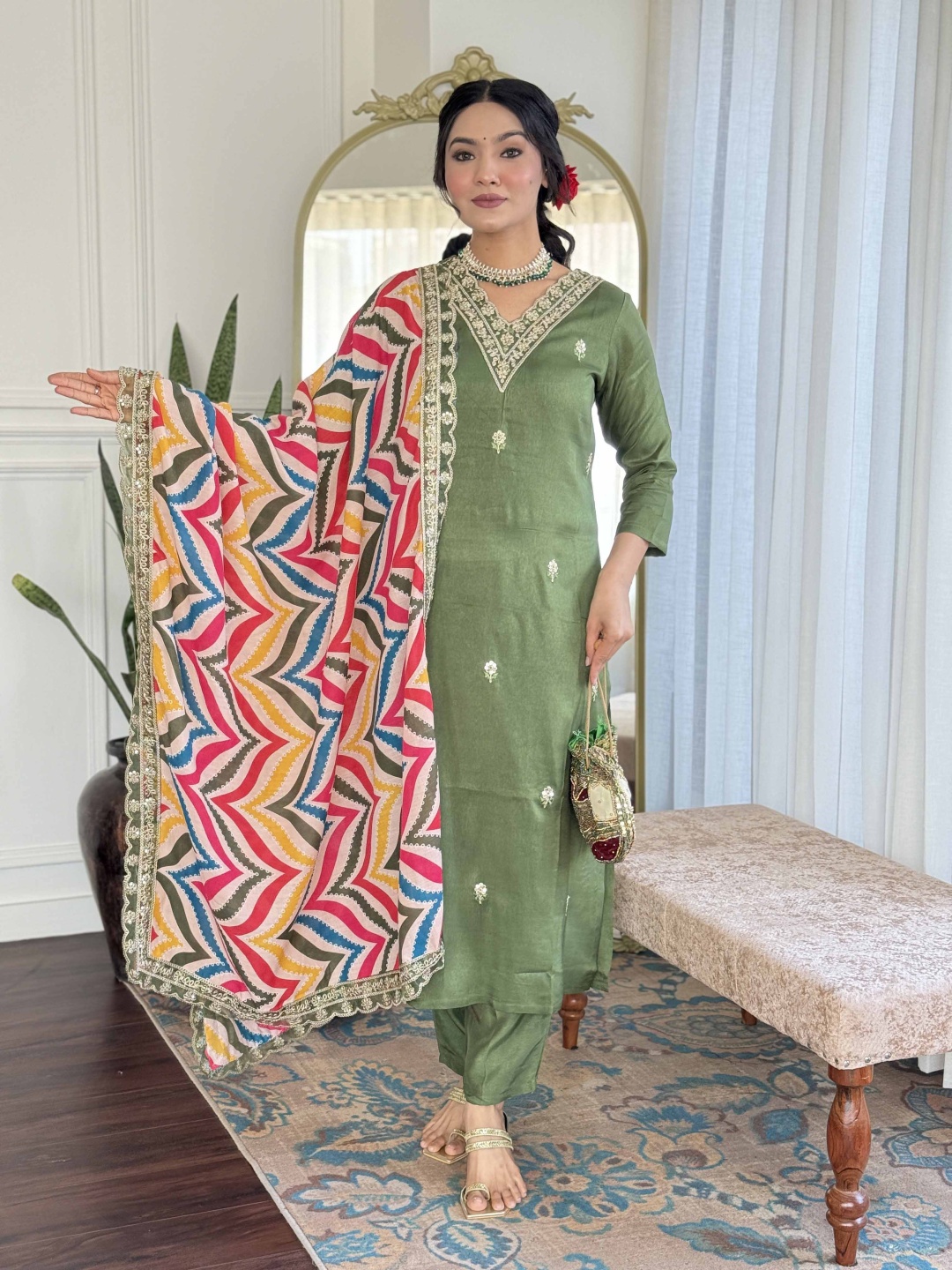 

SHOPONBIT Floral Embroidered V-Neck Sequinned Straight Kurta With Trousers & Dupatta, Lime green